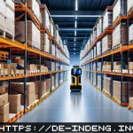 산업공학과 차세대 물류 시스템 - A modern smart warehouse interior showcasing advanced automation: sleek, high-tech shelving filled w...