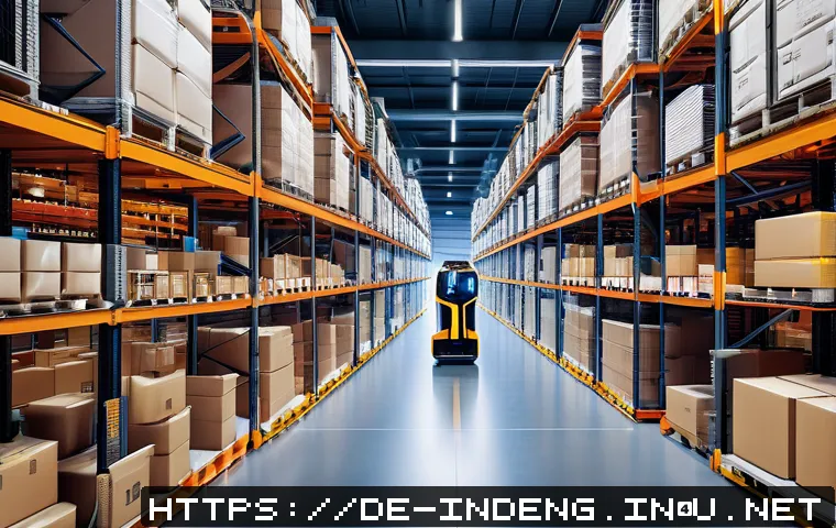 산업공학과 차세대 물류 시스템 - A modern smart warehouse interior showcasing advanced automation: sleek, high-tech shelving filled w...