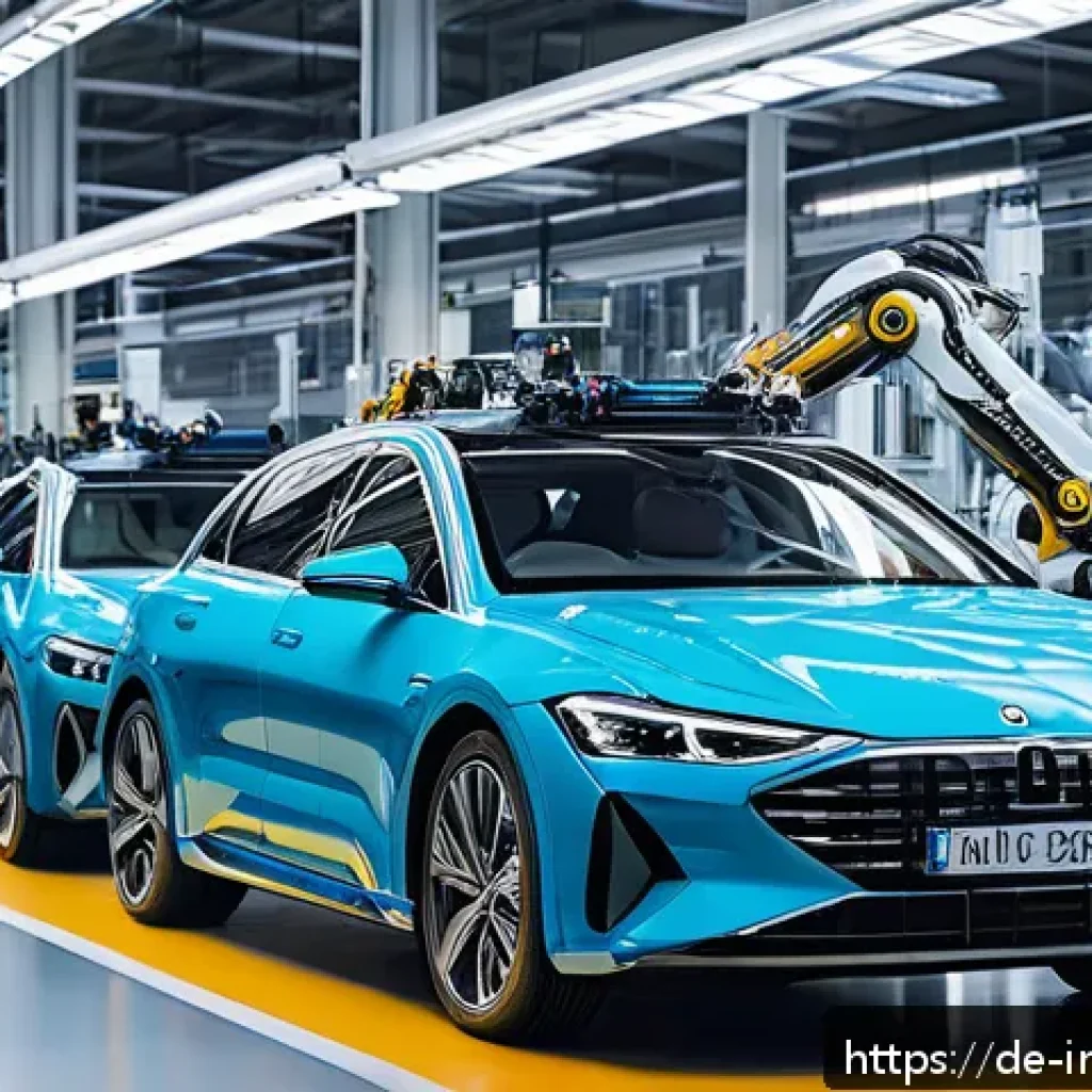 산업공학과 예측 분석 - A modern German automotive factory interior featuring advanced production lines with robotic arms an...