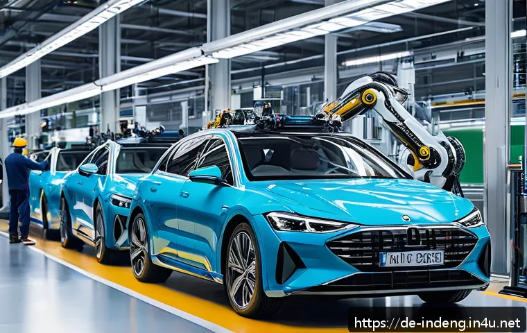 산업공학과 예측 분석 - A modern German automotive factory interior featuring advanced production lines with robotic arms an...