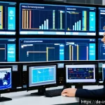 산업공학에서의 데이터 클러스터링 - A modern industrial production line control room filled with multiple large screens displaying real-...