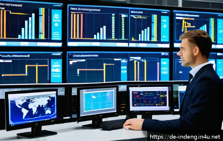 산업공학에서의 데이터 클러스터링 - A modern industrial production line control room filled with multiple large screens displaying real-...