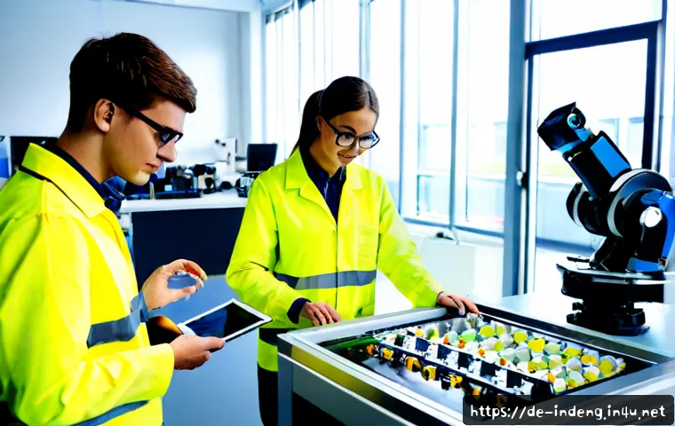 산업공학과 지능형 시스템 - Photorealistic industrial engineering student team in a modern German university smart factory labor...