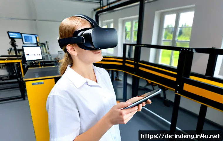 산업공학과 메타버스 - Photorealistic industrial engineering student in a modern German university innovation lab, wearing ...